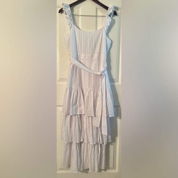 LIKELY 4 Charlotte Sleeveless Dress White Tiered Ruffle High Slit Romantic Midi - Picture 6 of 16